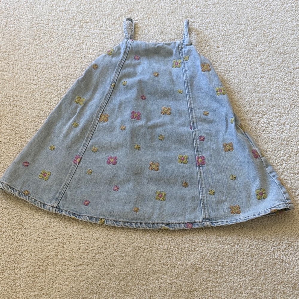 Zara Denim Floral Embroidered Sundress - Blue with Pink & Yellow Flowers
